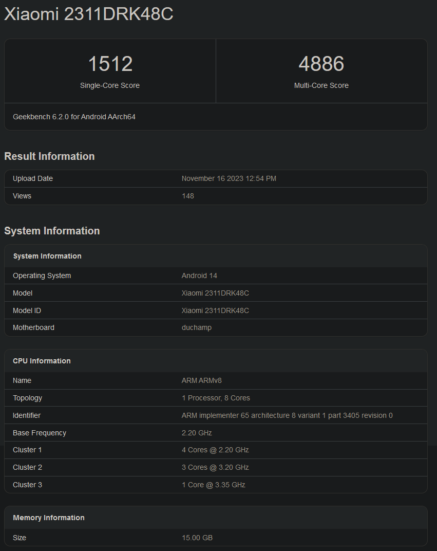Результат Dimensity 8300 Ultra в бенчмарке Geekbench