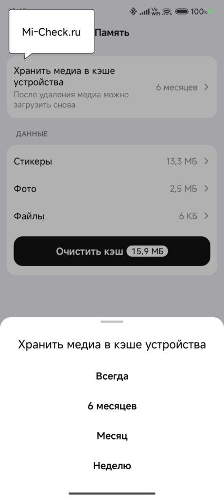 Выбор срока хранения кэша в памяти Xiaomi