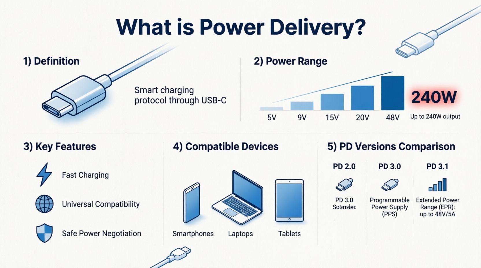 Инфографика What is Power Delivery: определение протокола USB PD, диапазон мощности до 240W, ключевые особенности, совместимые устройства и сравнение версий PD 2.0/3.0/3.1