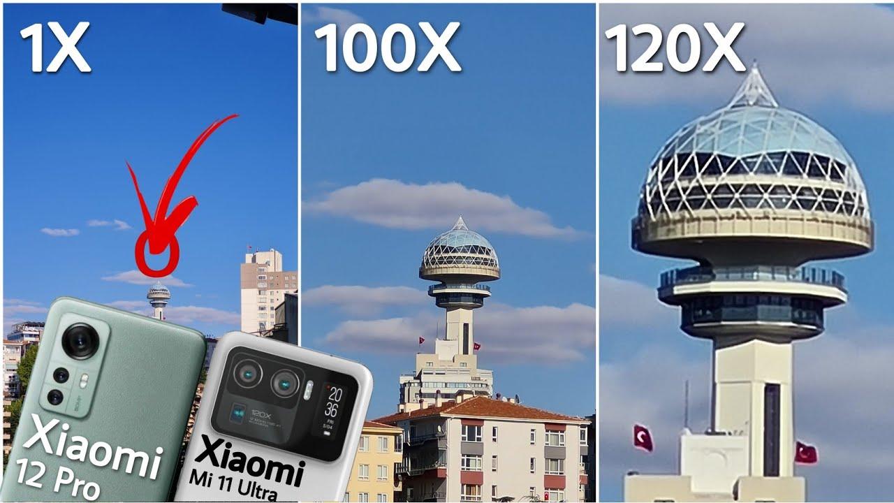 Сравнение зума камер Xiaomi 12 Pro (100X) и Xiaomi Mi 11 Ultra (120X) на примере съёмки башни. Коллаж из трёх изображений: 1X (исходник), 100X и 120X. Смартфоны Xiaomi 12 Pro и Mi 11 Ultra внизу слева.