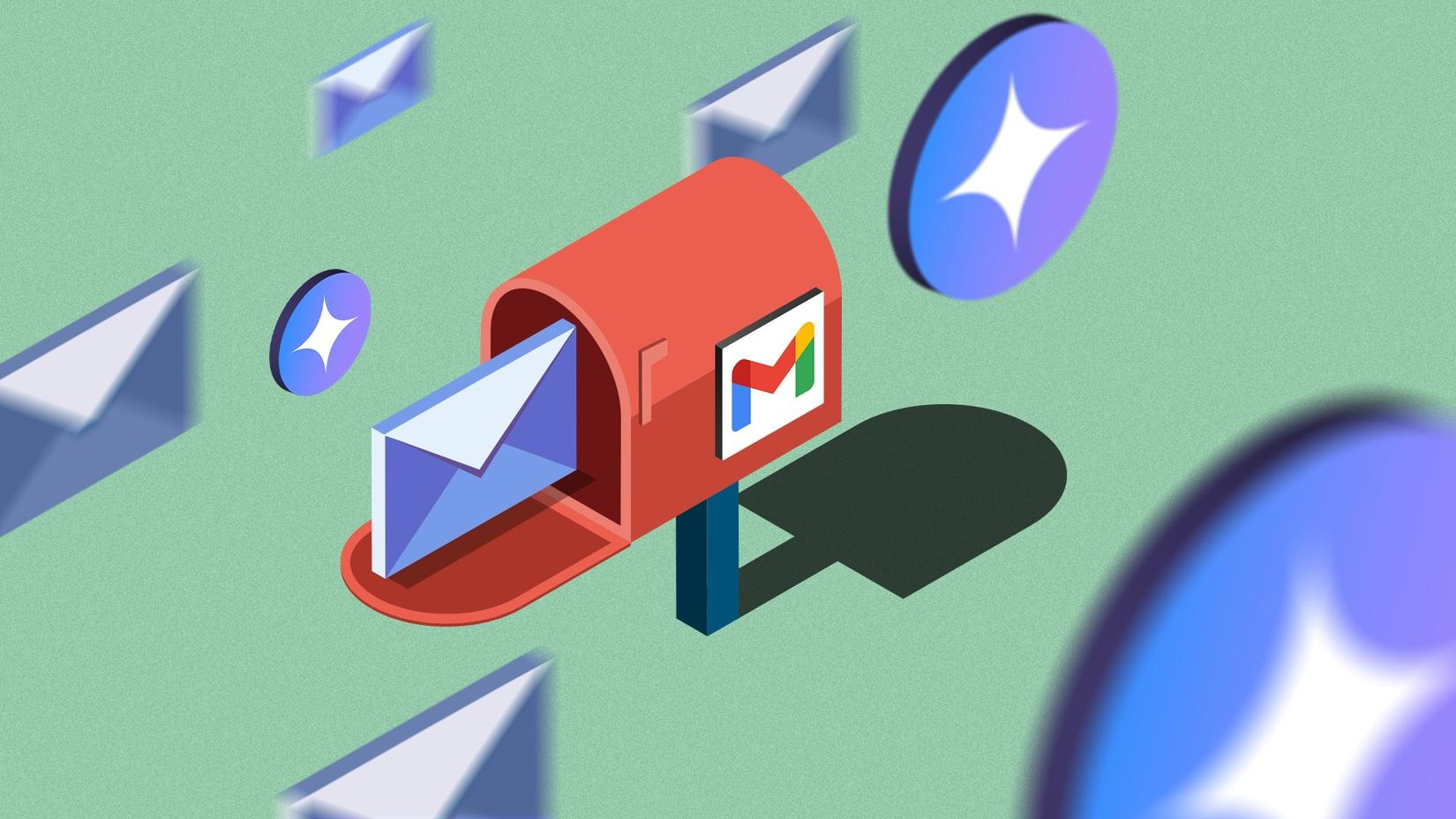 Красный почтовый ящик с логотипом Gmail, из которого выглядывает конверт. Вокруг — летающие конверты и иконки с белой звездой на синем фоне. Символика электронной почты на светло-зелёном фоне.