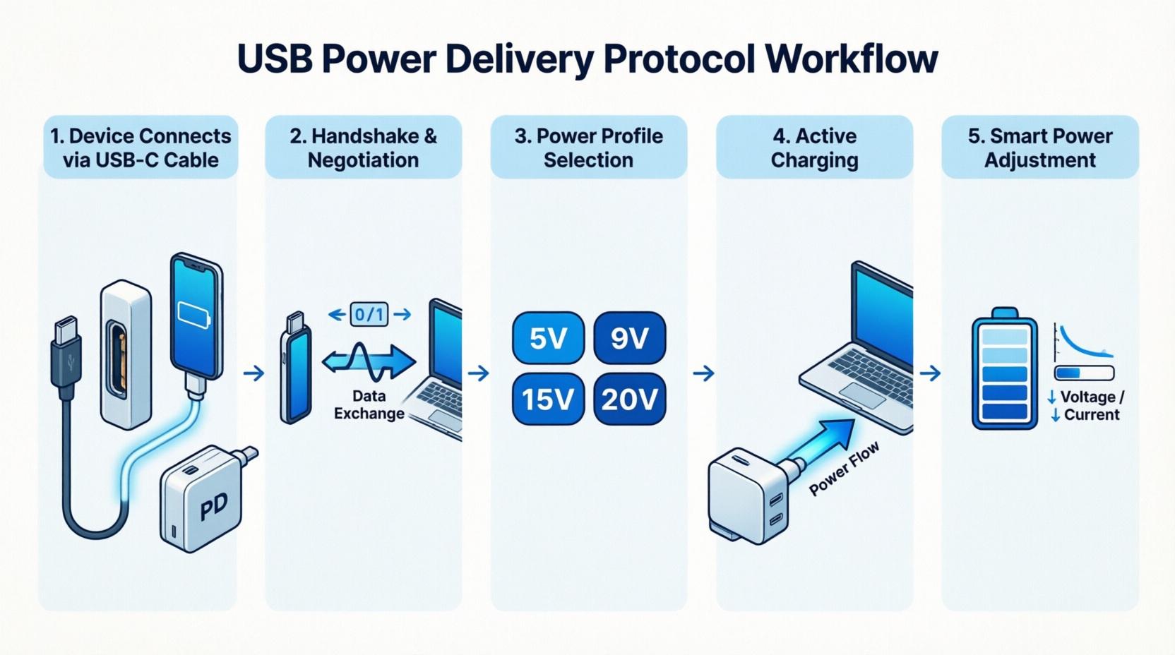 Схема работы протокола USB Power Delivery: этапы согласования напряжения между устройством и блоком питания через USB-C