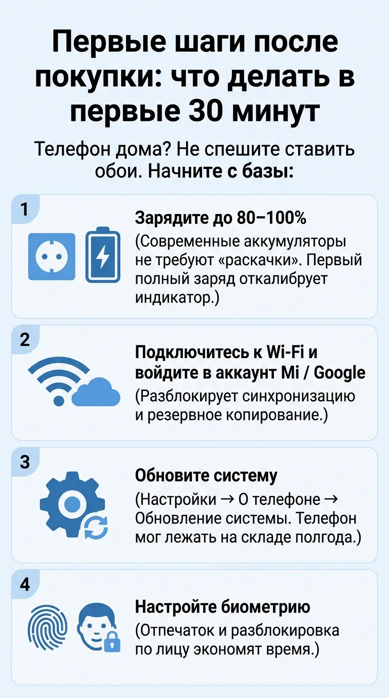 Инфографика: первые 30 минут после покупки телефона — 4 шага настройки: зарядка до 80-100%, подключение к Wi-Fi и вход в аккаунт, обновление системы, настройка биометрии