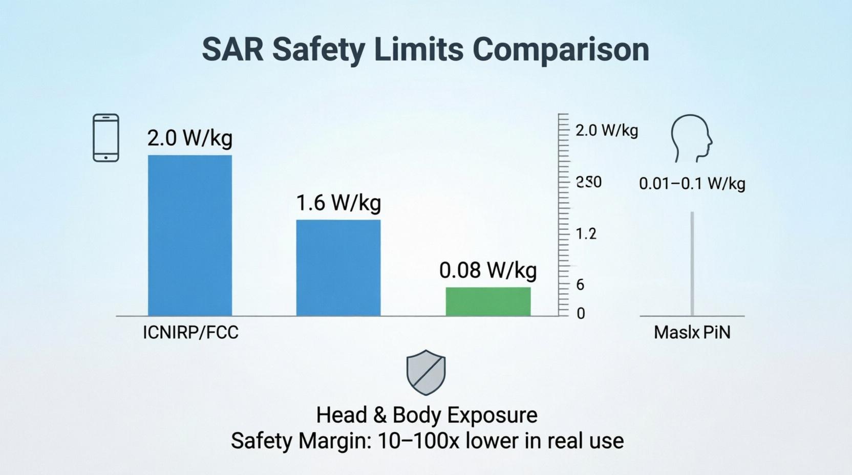 Сравнение международных норм SAR: Европа ICNIRP 2.0 Вт/кг, США FCC 1.6 Вт/кг, Россия СанПиН 0.08 Вт/кг — диаграмма показывает многократный запас прочности и реальные замеры 0.01-0.1 Вт/кг