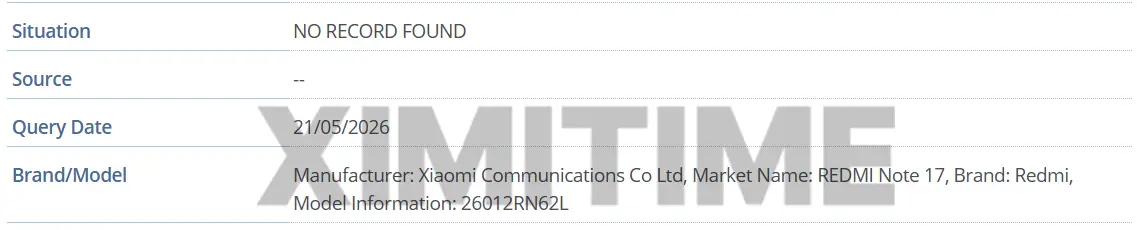 Redmi Note 17 в базе GSMA — статус NO RECORD FOUND на 21.05.2026