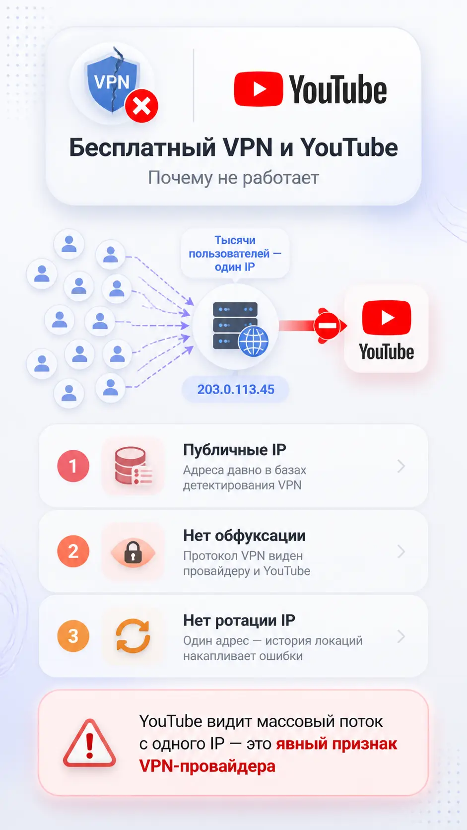 Инфографика причин блокировки бесплатного VPN сервисом YouTube с тремя факторами