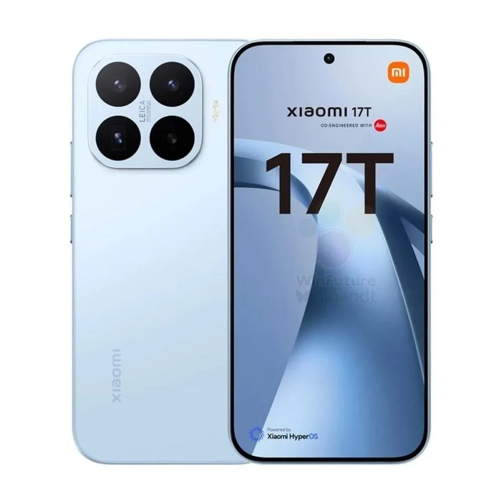 Xiaomi 17T в голубом цвете — камера Leica сзади и экран с HyperOS спереди