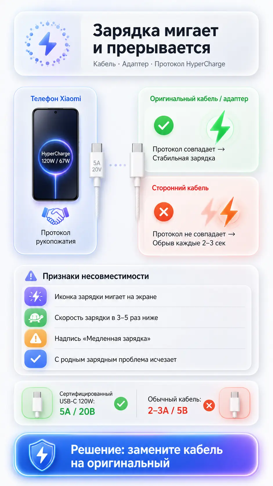 Инфографика почему зарядка мигает на Xiaomi: сравнение оригинального и стороннего кабеля
