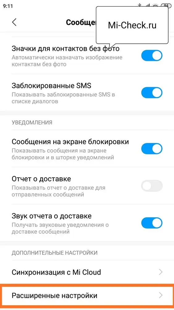 Глубокие настройки приложения Сообщения, пункт Расширенные настройки