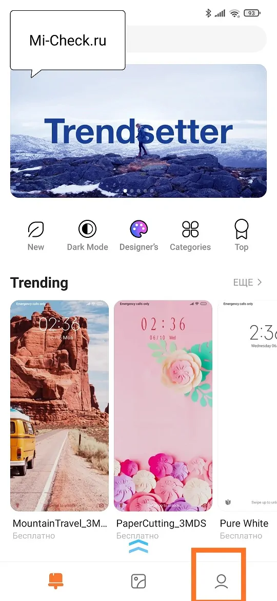 Вход в профиль тем на Xiaomi
