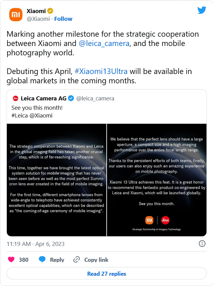 Сегодня Xiaomi выпустила совместное заявление с Leica, подтверждающее запуск Xiaomi 13 Ultra в апреле.