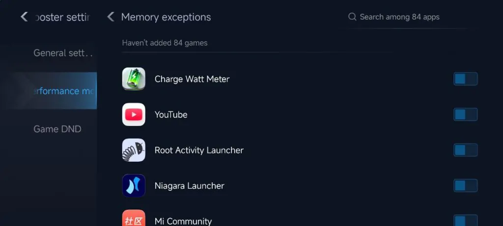 Включение функции Исключения памяти в Game Turbo