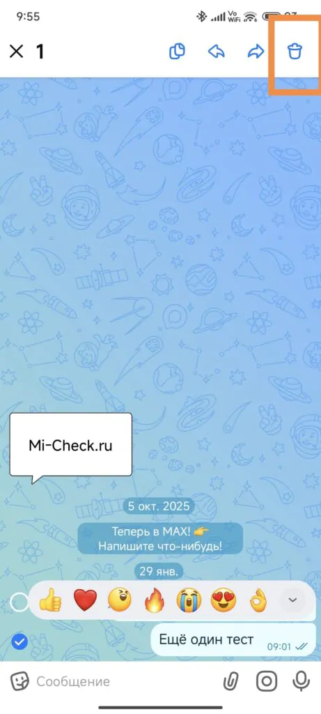 Корзина для удаления сообщения в Max