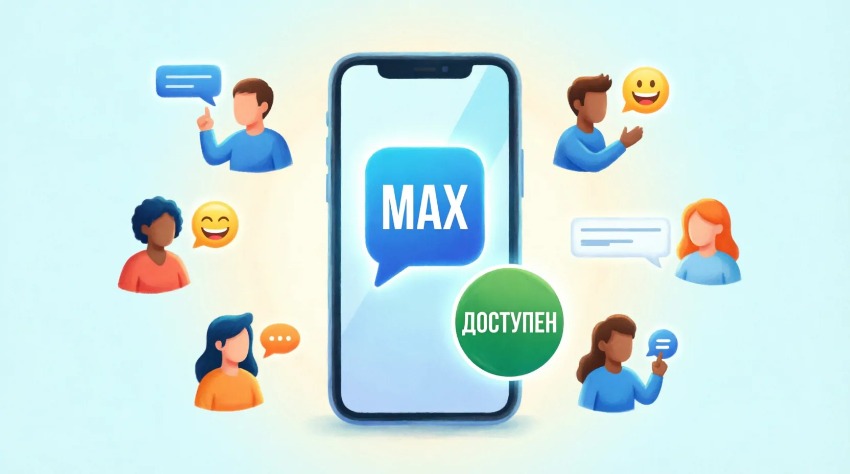Мессенджер MAX доступен в России 2026: смартфон с логотипом MAX, зеленая галочка доступности, разноцветные пользователи с сообщениями, необходимость установки приложения