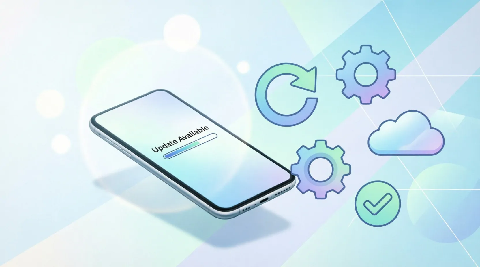 Абстрактная иллюстрация обновления приложений на Xiaomi: смартфон с иконками безопасности, скорости и прогресса на светлом фоне